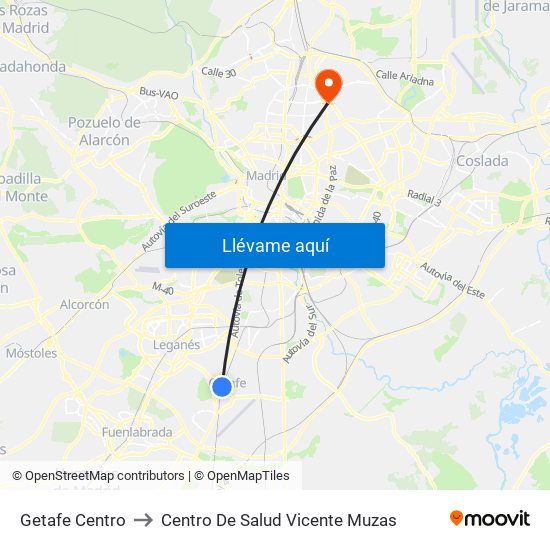 Getafe Centro to Centro De Salud Vicente Muzas map