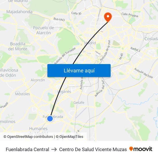 Fuenlabrada Central to Centro De Salud Vicente Muzas map