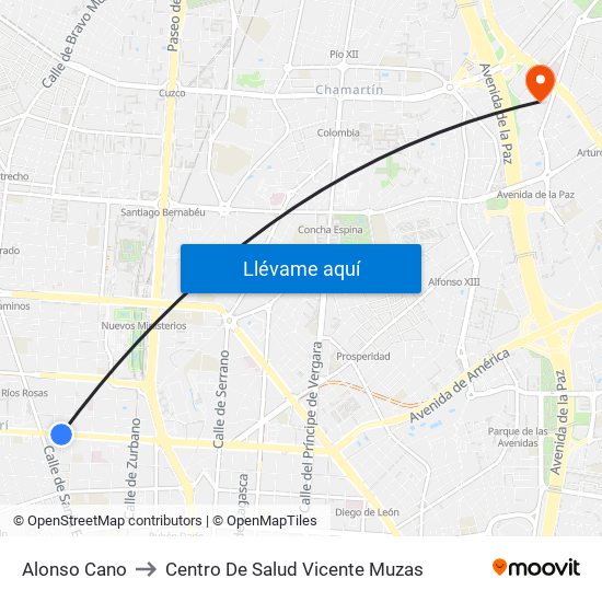 Alonso Cano to Centro De Salud Vicente Muzas map