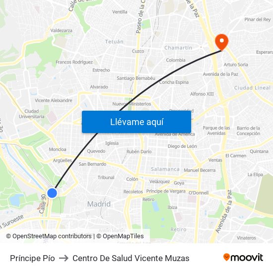 Príncipe Pío to Centro De Salud Vicente Muzas map