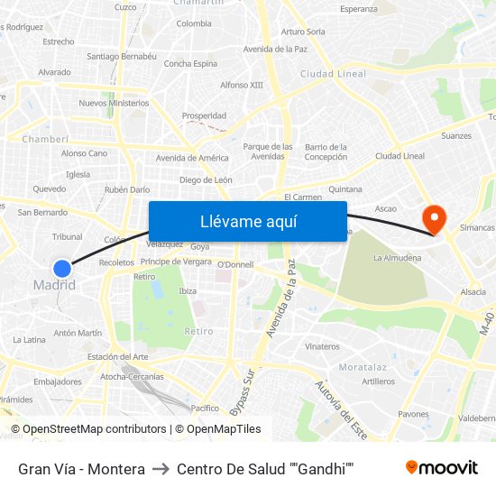 Gran Vía - Montera to Centro De Salud ""Gandhi"" map