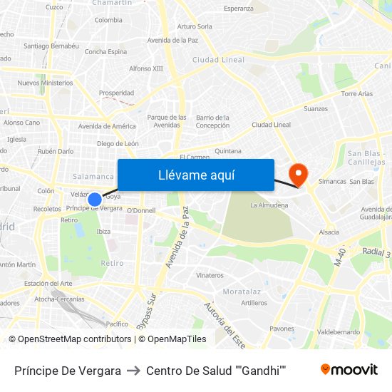 Príncipe De Vergara to Centro De Salud ""Gandhi"" map