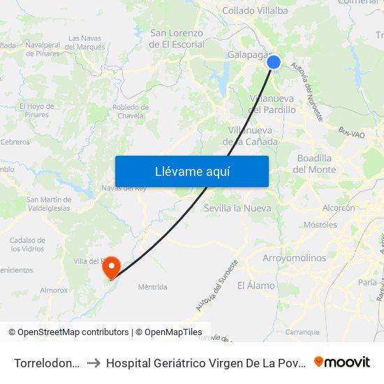 Torrelodones to Hospital Geriátrico Virgen De La Poveda map