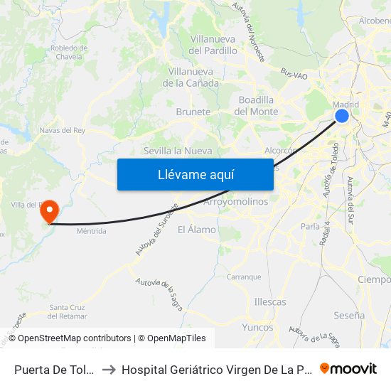 Puerta De Toledo to Hospital Geriátrico Virgen De La Poveda map