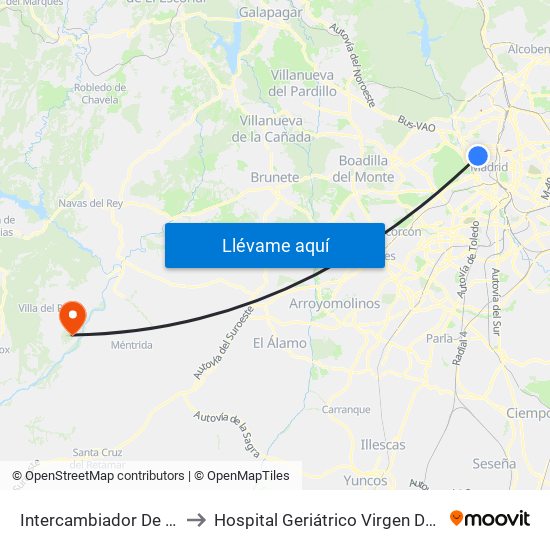 Intercambiador De Moncloa to Hospital Geriátrico Virgen De La Poveda map