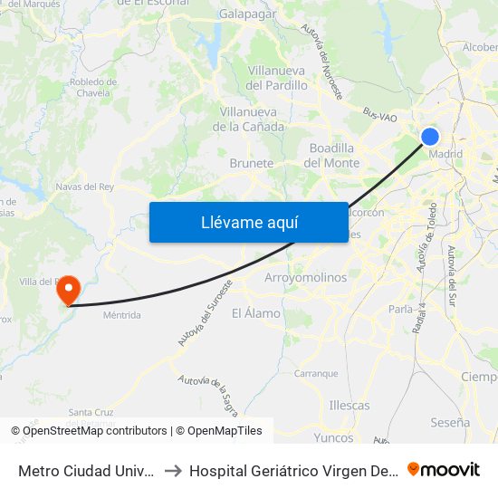 Metro Ciudad Universitaria to Hospital Geriátrico Virgen De La Poveda map