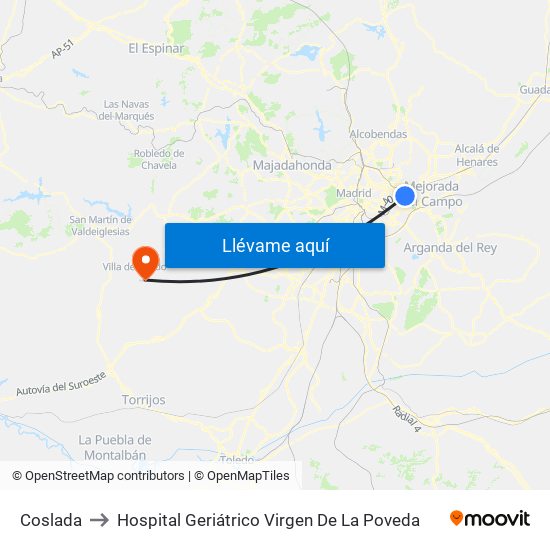 Coslada to Hospital Geriátrico Virgen De La Poveda map