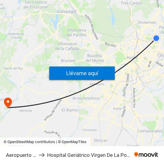 Aeropuerto T4 to Hospital Geriátrico Virgen De La Poveda map