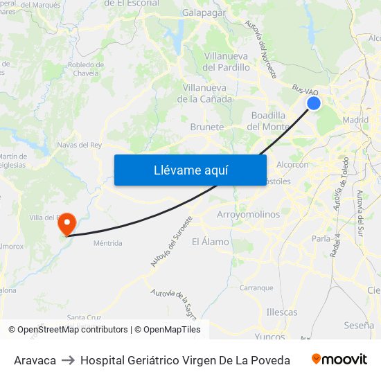 Aravaca to Hospital Geriátrico Virgen De La Poveda map