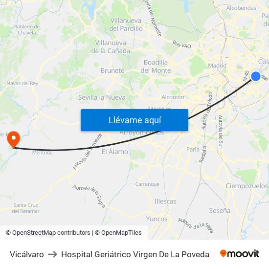 Vicálvaro to Hospital Geriátrico Virgen De La Poveda map