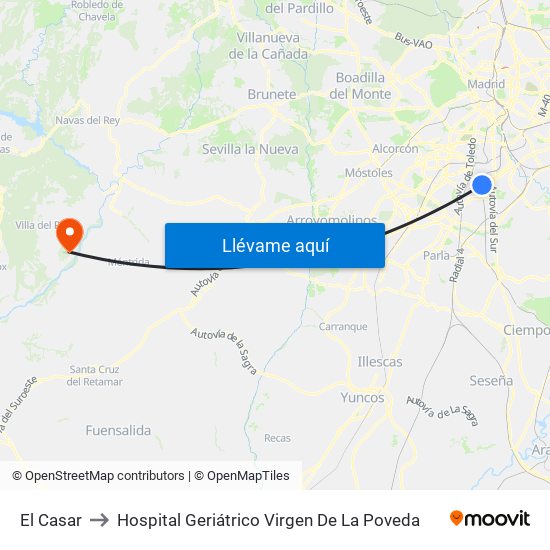 El Casar to Hospital Geriátrico Virgen De La Poveda map