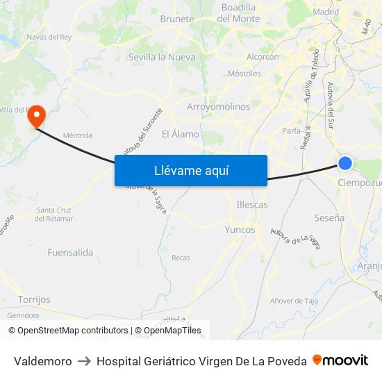 Valdemoro to Hospital Geriátrico Virgen De La Poveda map