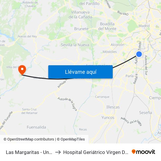 Las Margaritas - Universidad to Hospital Geriátrico Virgen De La Poveda map