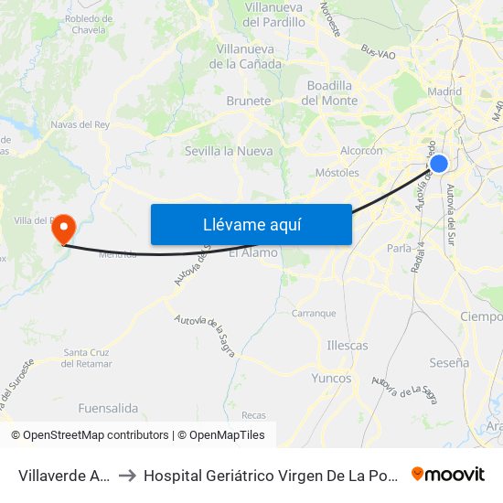 Villaverde Alto to Hospital Geriátrico Virgen De La Poveda map