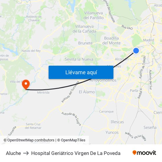 Aluche to Hospital Geriátrico Virgen De La Poveda map