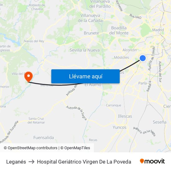 Leganés to Hospital Geriátrico Virgen De La Poveda map