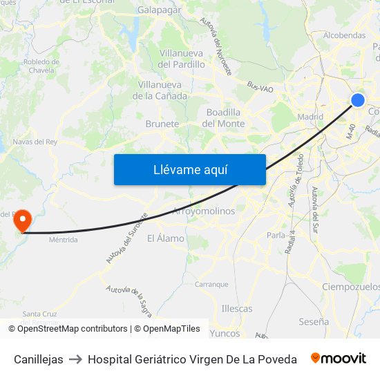 Canillejas to Hospital Geriátrico Virgen De La Poveda map