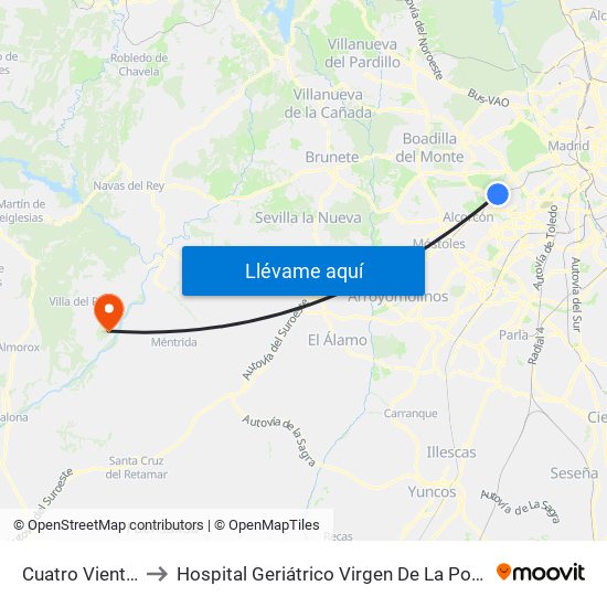 Cuatro Vientos to Hospital Geriátrico Virgen De La Poveda map