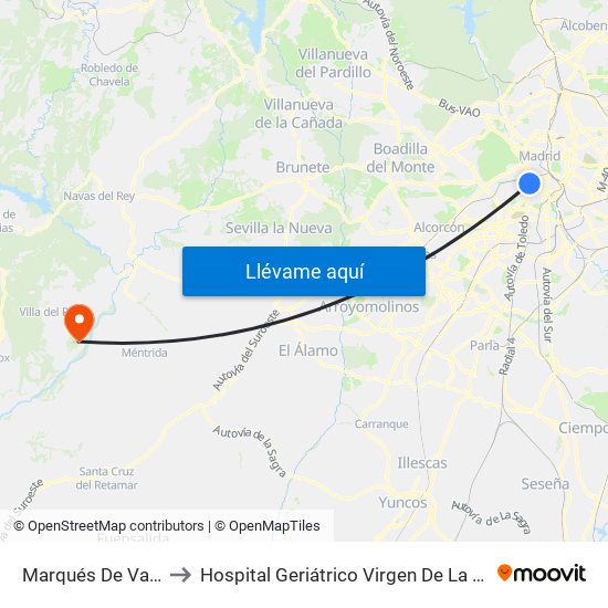 Marqués De Vadillo to Hospital Geriátrico Virgen De La Poveda map