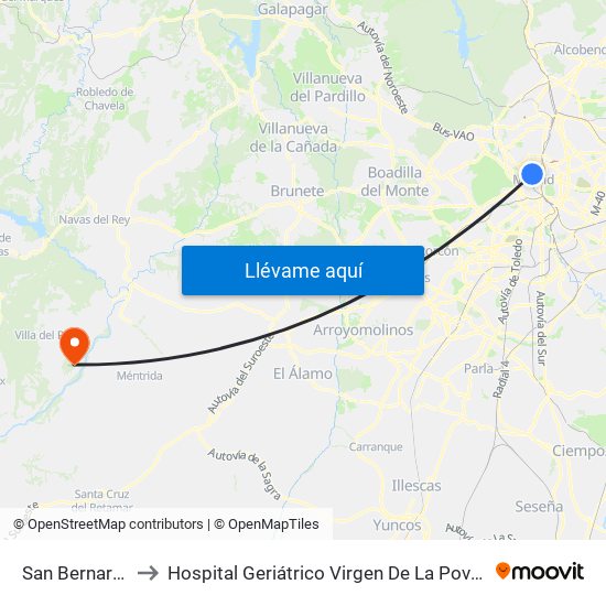 San Bernardo to Hospital Geriátrico Virgen De La Poveda map