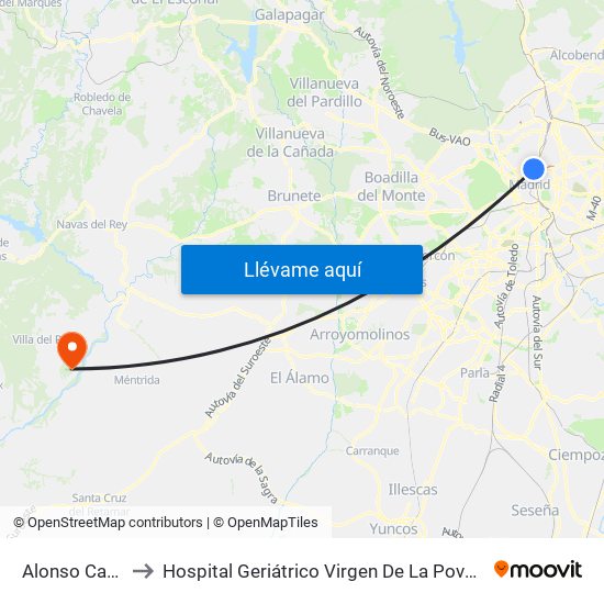 Alonso Cano to Hospital Geriátrico Virgen De La Poveda map