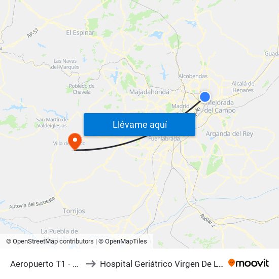 Aeropuerto T1 - T2 - T3 to Hospital Geriátrico Virgen De La Poveda map