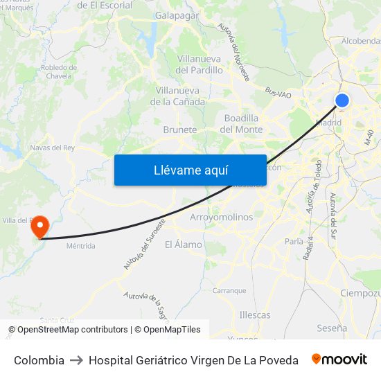 Colombia to Hospital Geriátrico Virgen De La Poveda map