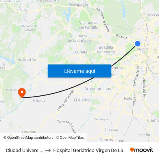 Ciudad Universitaria to Hospital Geriátrico Virgen De La Poveda map