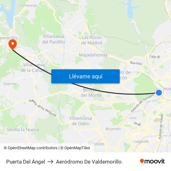 Puerta Del Ángel to Aeródromo De Valdemorillo. map