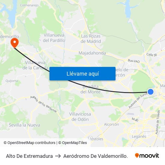 Alto De Extremadura to Aeródromo De Valdemorillo. map