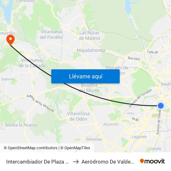 Intercambiador De Plaza Elíptica to Aeródromo De Valdemorillo. map