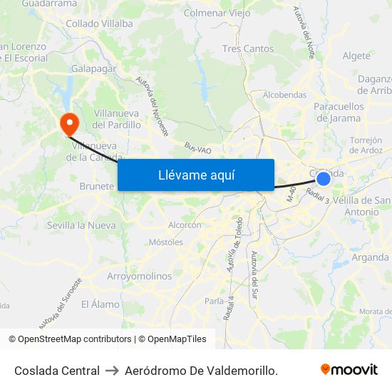 Coslada Central to Aeródromo De Valdemorillo. map