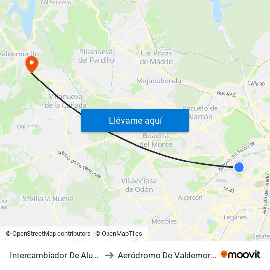 Intercambiador De Aluche to Aeródromo De Valdemorillo. map
