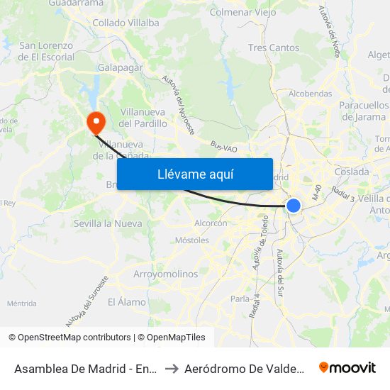 Asamblea De Madrid - Entrevías to Aeródromo De Valdemorillo. map