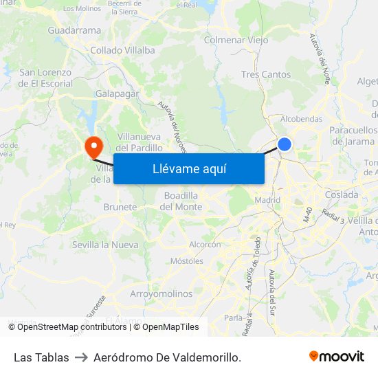 Las Tablas to Aeródromo De Valdemorillo. map