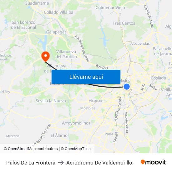 Palos De La Frontera to Aeródromo De Valdemorillo. map