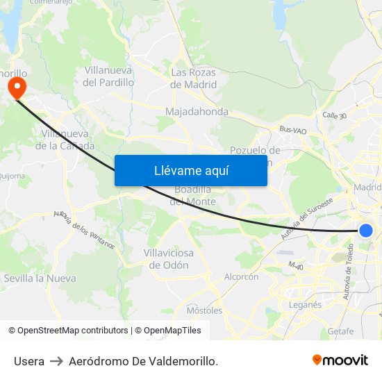 Usera to Aeródromo De Valdemorillo. map