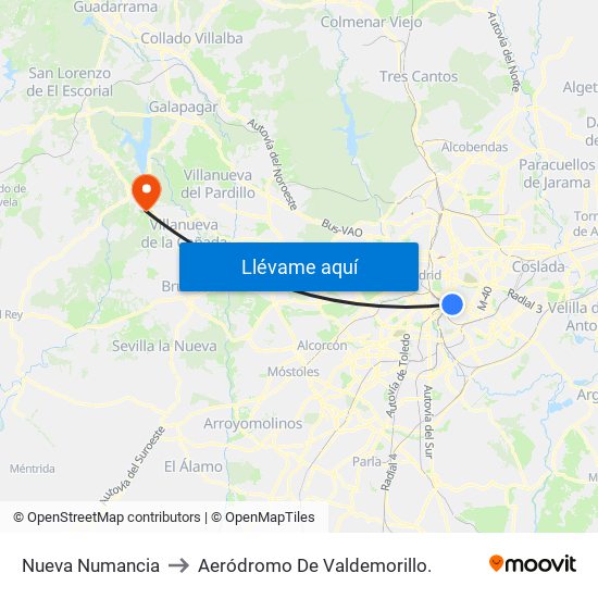 Nueva Numancia to Aeródromo De Valdemorillo. map