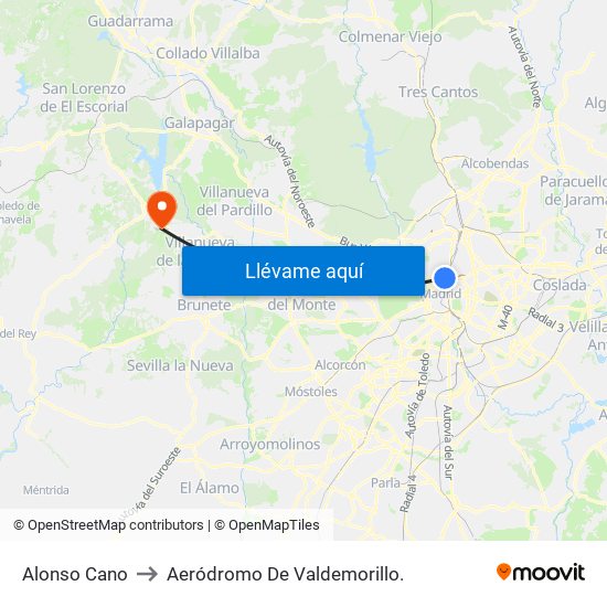 Alonso Cano to Aeródromo De Valdemorillo. map