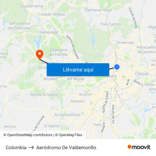 Colombia to Aeródromo De Valdemorillo. map