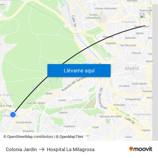 Colonia Jardín to Hospital La Milagrosa map