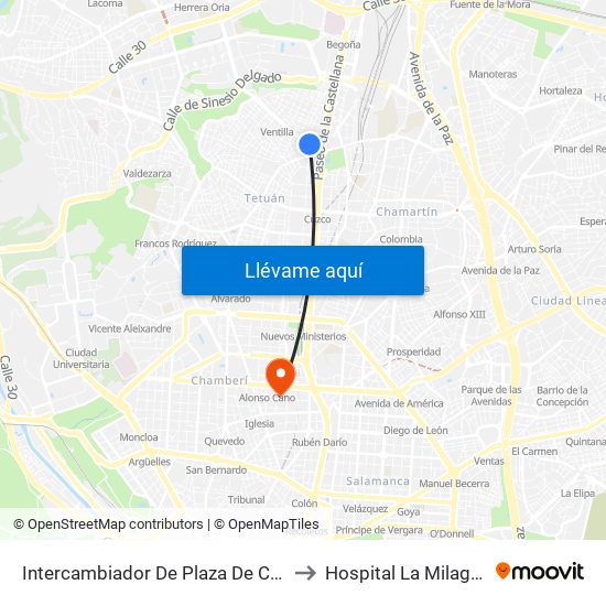 Intercambiador De Plaza De Castilla to Hospital La Milagrosa map