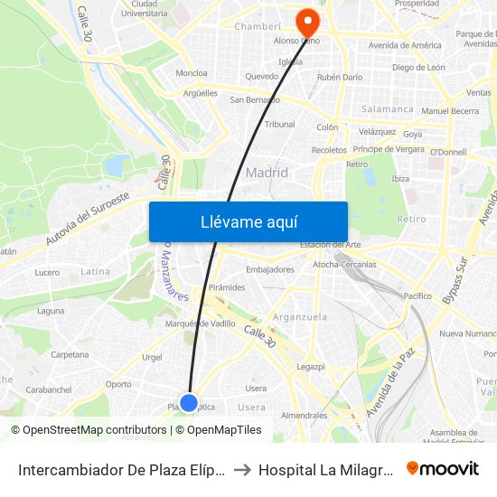Intercambiador De Plaza Elíptica to Hospital La Milagrosa map