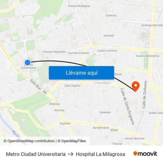 Metro Ciudad Universitaria to Hospital La Milagrosa map