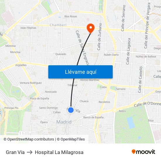 Gran Vía to Hospital La Milagrosa map