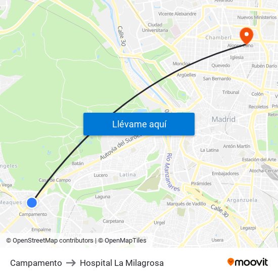 Campamento to Hospital La Milagrosa map