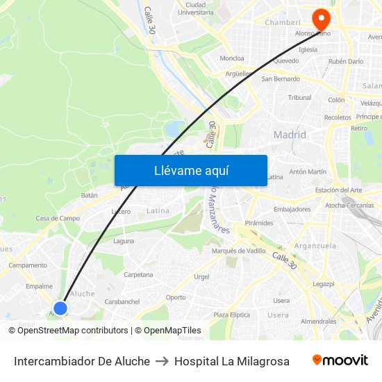 Intercambiador De Aluche to Hospital La Milagrosa map