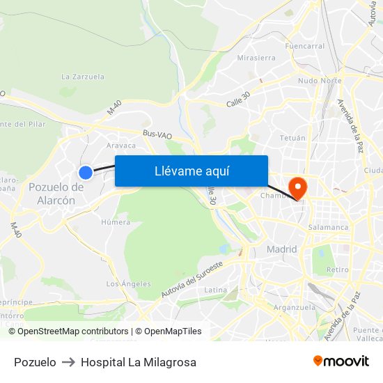Pozuelo to Hospital La Milagrosa map