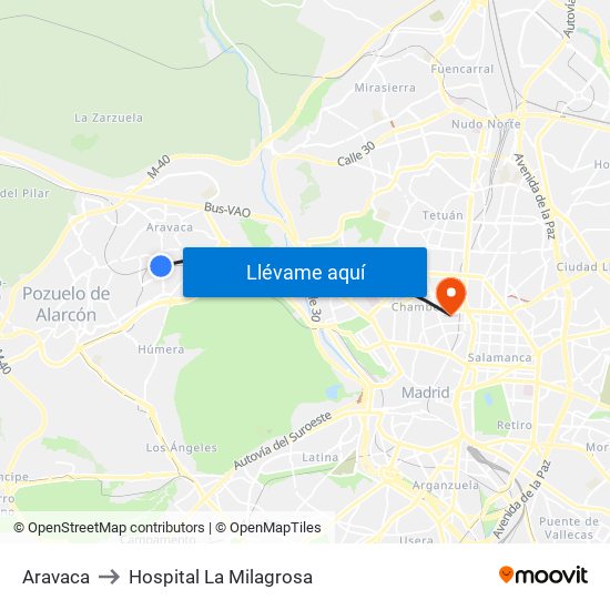 Aravaca to Hospital La Milagrosa map
