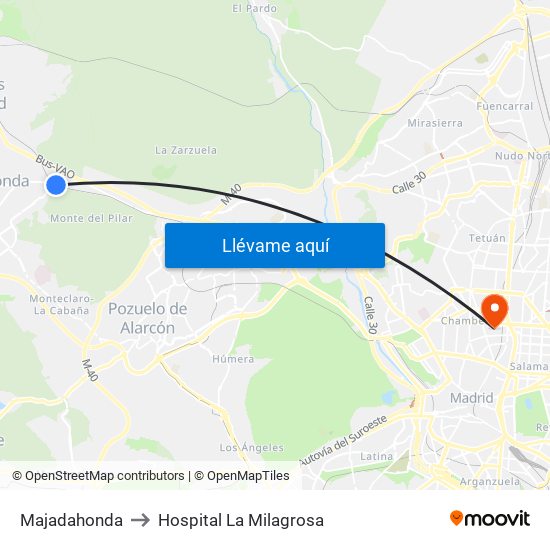 Majadahonda to Hospital La Milagrosa map